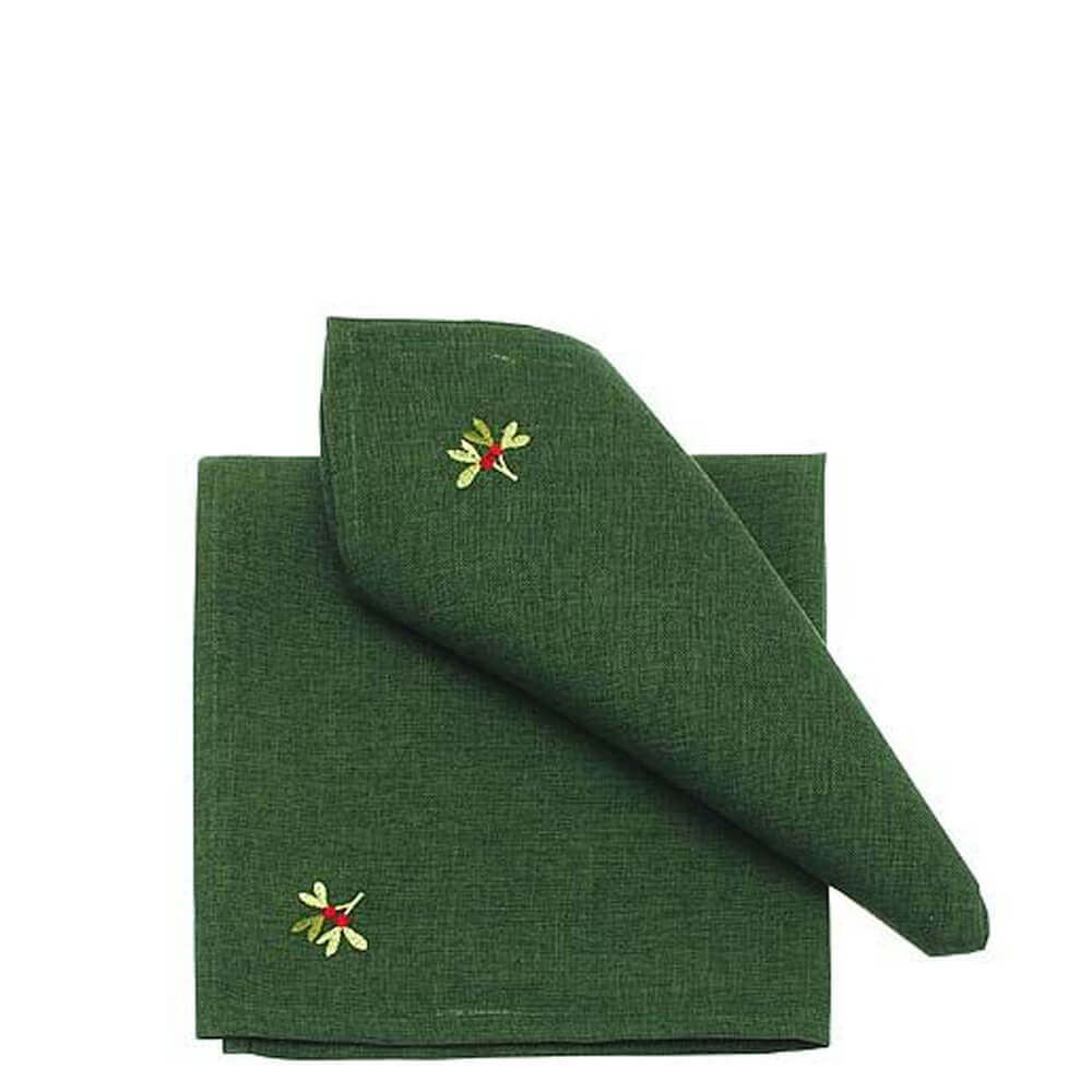 Walton & Co Set of 2 Embroidered Holly Berry Green Napkins